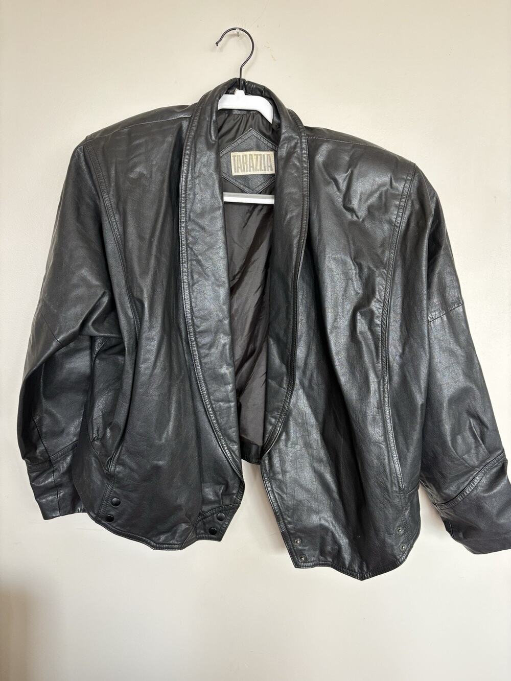 Vintage Tarazzia Black Leather Jacket Women’s L 90s Oversized Open Front Coat
